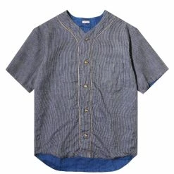 KAPITAL IDG LINEN BAMBOO STRIPE BASEBALL SHIRT